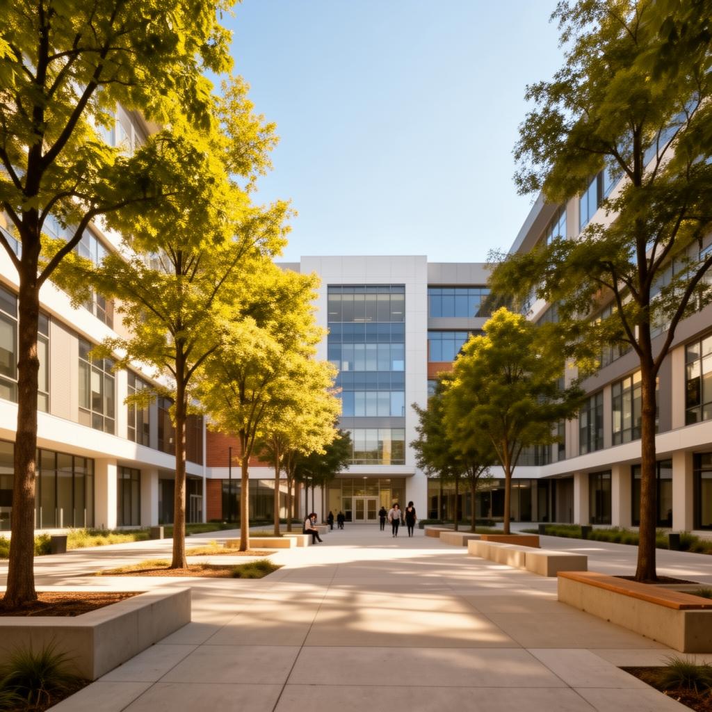 Modern university campus courtyard on a sunny day